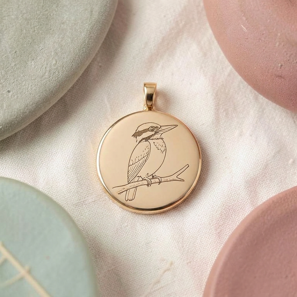 A gold pendant engraved with a fine-line kookaburra