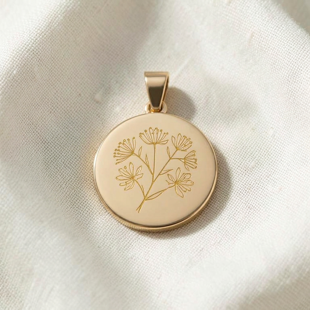 A gold pendant engraved with a fine-line wattle sprig on ivory linen