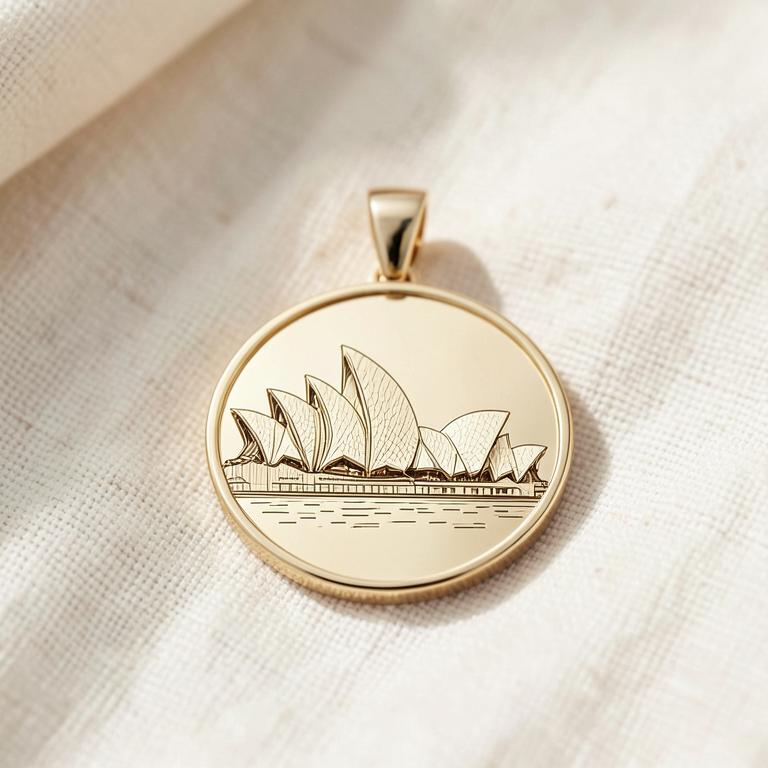 A gold pendant engraved with a fine-line view of the Sydney Opera House