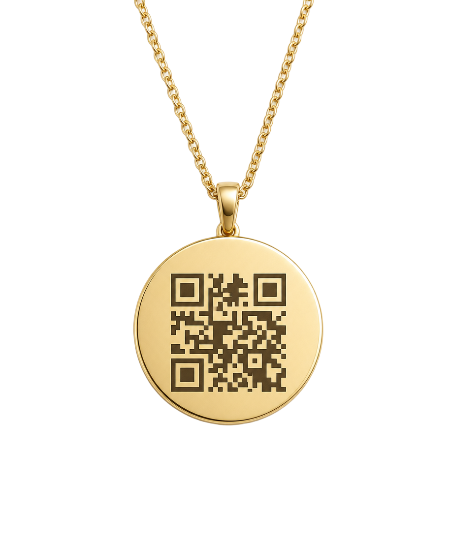The reverse of the same gold pendant, engraved with a QR code
