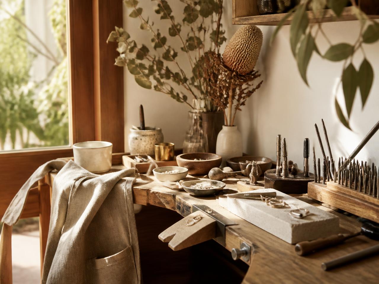 A sunlit jewellery workbench with engraving tools, dried eucalyptus and banksia
